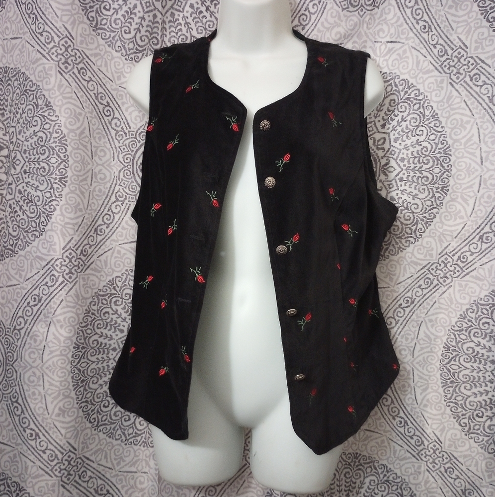 Vintage Stonebridge Goth Cotton Black Rose Velvet Vest Size 10 - Picture 1 of 9
